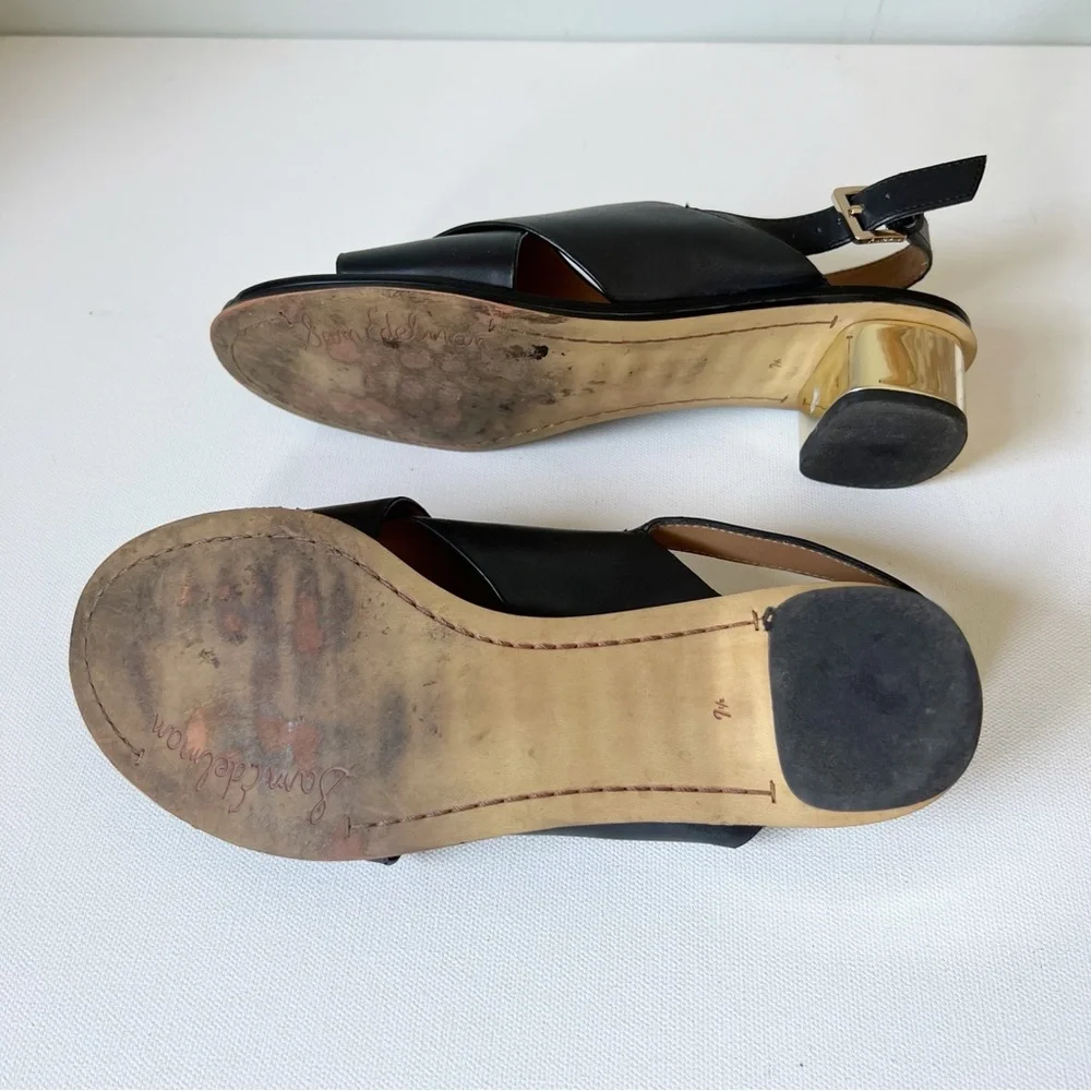 SAM EDELMAN Black Faux Leather Sandals with Gold Heels.